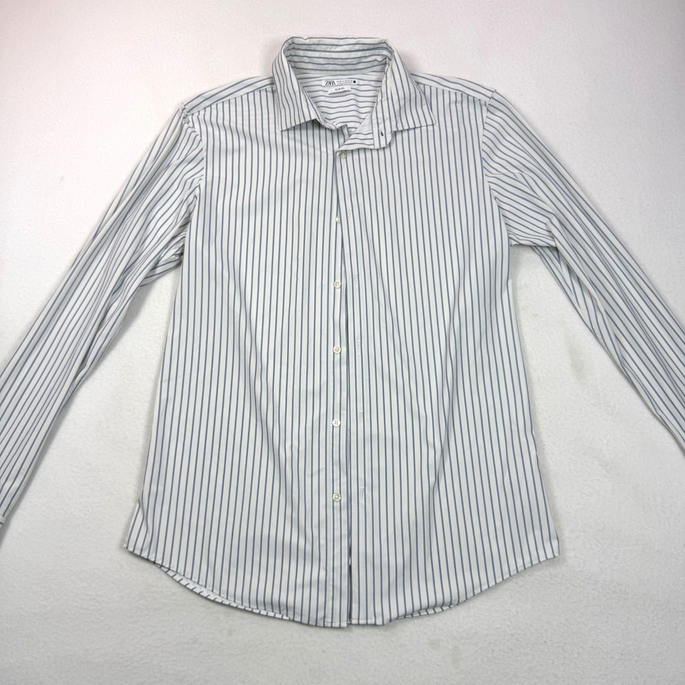 Zara Man Slim Fit Striped Button Down Shirt White Blue Mens Medium Long Sleeve